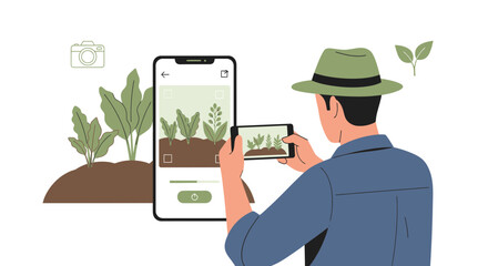 Farmer using smartphone in agriculture to monitor plant health and growth with technology