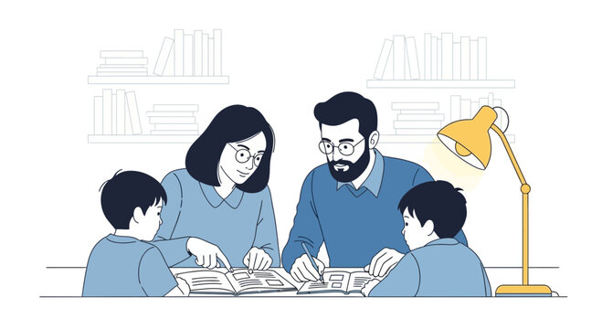 Family study time illustration with parents helping children learn and grow together