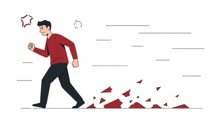 Illustration of an angry man stomping furiously with pieces flying from his steps showcasing