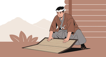 Japanese man preparing tatami mats in traditional setting showcasing culture and lifestyle