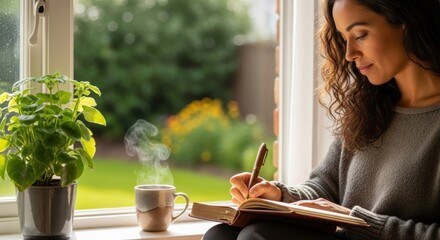 Peaceful Woman Journaling and Sipping Coffee by Sunny Window at Home