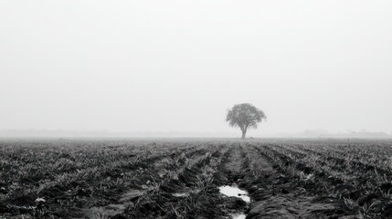 Solitary tree in plowed field stretches towards the light against a stark, misty backdrop