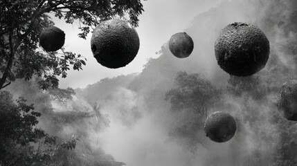 Monochrome fantasy landscape with floating textured spheres among misty forest