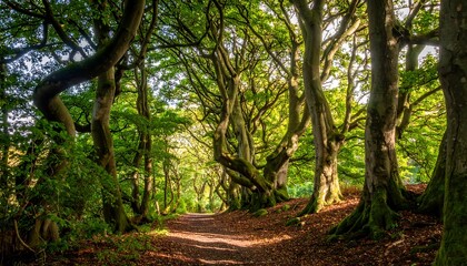 Pathway through sunlit forest with tall trees and lush foliage