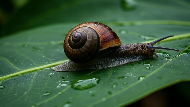 Snail crawling on a lush, green leaf with water droplets in a nature setting