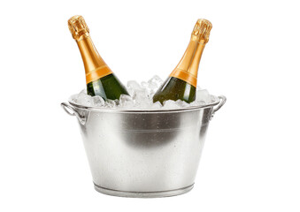 Chilled bottles in a metallic bucket filled with crushed ice