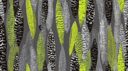 Seamless pattern with Sansevieria cylindrica leaves in lime green, white, and black graphic hand-drawn textures on a gray background, modern tropical design