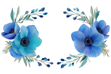 Blue anemones & foliage frame a dark field; painted art