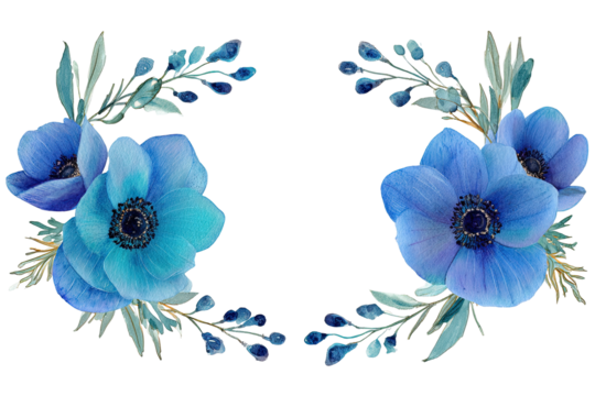 Blue anemones & foliage frame a dark field; painted art - Powered by Adobe