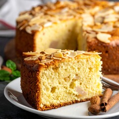 Almond cake slice on plate