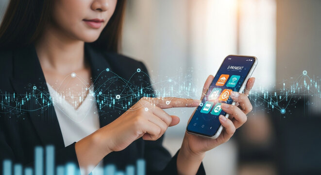 Businesswoman uses smartphone for modern e-payment and financial analysis, blending digital transactions with data visualization for smart investment decisions.