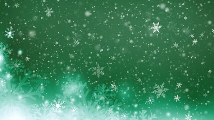 クリスマス　雪の結晶　ループ動画　ポップ　シンプル　おしゃれ　キラキラ　光る　パーティクル　降雪　抽象的　Winter green background.White snowflakes and bokeh lights.Christmas or New Year.Loop video. - Powered by Adobe