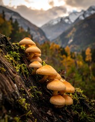 Mushrooms on a log in a mountain valley