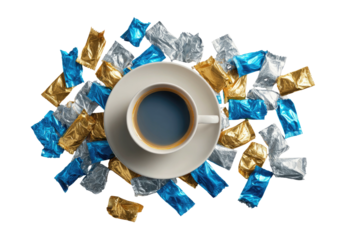 Coffee cup surrounded by foil candy wrappers, overhead