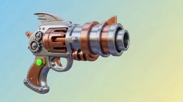 A futuristic, stylized handgun, with copper accents, emitting a bright green energy beam. Detailed with gears, fins, and a glowing green button