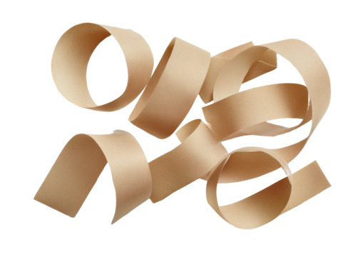 Beige ribbon swirls, curves in air. Isolated