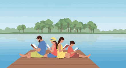 Family relaxes by the lake reading books enjoying the serene nature together by the water