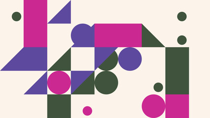 Abstract geometric design featuring circles squares and triangles in shades of purple