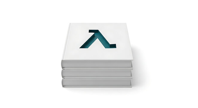 Modern book stack reveals abstract deep teal Lambda symbol