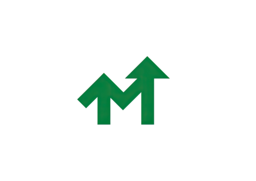 Upward green arrows form a stylized M shape, centered