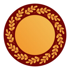 Golden laurel wreath circle on red background for awards or labels.