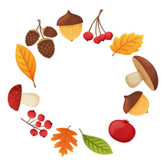 Autumn wreath made of mushrooms, leaves, acorns, berries, and fruits, fall season