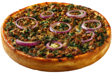 Pizza with meat, spinach, and red onion on a golden crust