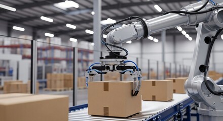 Automated robotic arm in a modern warehouse picking up cardboard boxes from a conveyor belt
