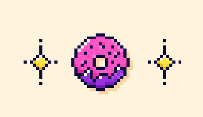 Colorful festive pixel art donut and two yellow stars around.