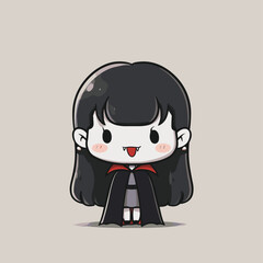 cute chibi vampire with tiny fangs, shy smile, short cape, kawaii cartoon halloween style vector illustration