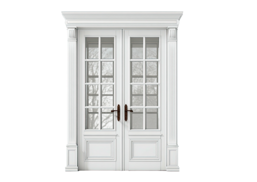 Elegant white French doors, divided panes, dark handles