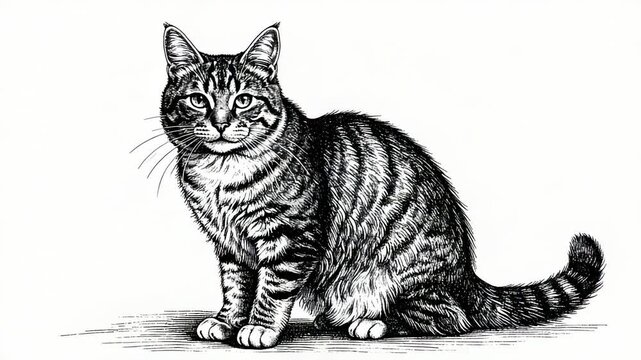 Black and white illustration of a tabby cat sitting, facing forward