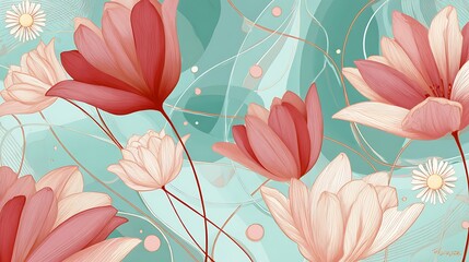 Watercolor floral pattern with pink and white flowers on a teal background, a decorative design