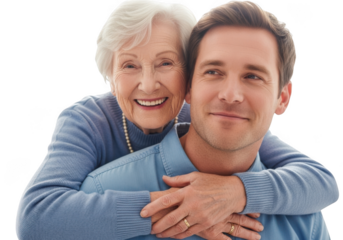 Elderly woman hugs younger man from behind with love and affection a cherished family moment