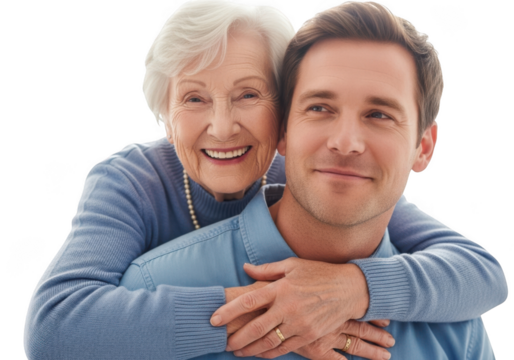 Elderly woman hugs younger man from behind with love and affection a cherished family moment