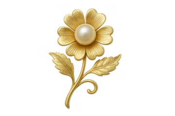 Gold flower pearl brooch jewelry on transparent background
