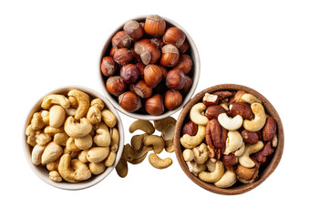 Three bowls filled with assorted nuts on a black surface