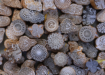 Many design carved wood blocks or traditional Indian saree printing commonly used in Rajasthan state, India.