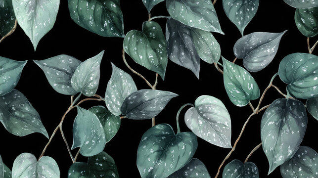 Seamless pattern with Scindapsus pictus (satin pothos) trailing vine with heart-shaped silver-spotted leaves on dark background, soft watercolor texture, elegant tropical botanical design