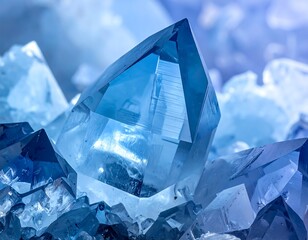 Close-up shot of a large blue crystal structure with sharp facets