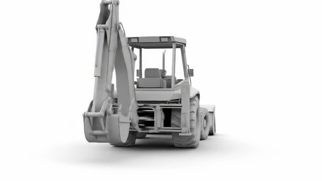 A detailed rear view of a construction machine in grayscale, featuring a backhoe arm, large tires, a cabin, and a loader bucket