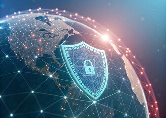 A digital globe with interconnected nodes and a shield displaying a padlock for global security