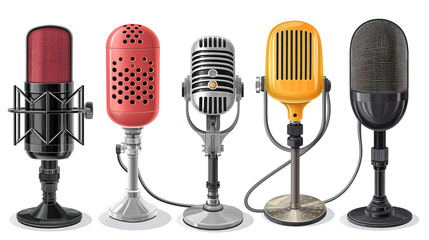 Different styles of microphones isolated on white background