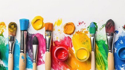Artistic Creativity Concept with Colorful Paint Brushes and Paint Containers