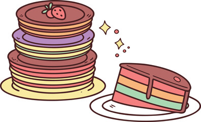 Sweet vector illustration of a cartoon piece of birthday cake with cherries and cream on a plate