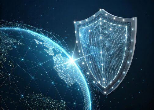 A glowing earth with network connections and a shield representing data protection and cybersecurity