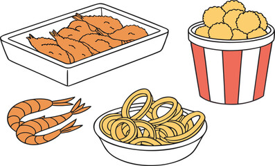A cartoon vector illustration set of fast food icons including burger, pizza, sandwich, and dessert for restaurant menus