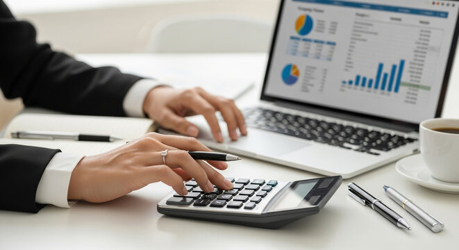 Professional hands calculate financial data on calculator near laptop displaying charts, symbolizing business growth and success in modern office setting.