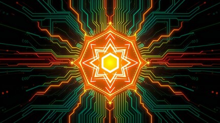 Glowing geometric pattern with circuit board design in orange green and yellow colors on black background