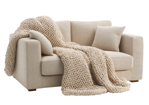 Cream loveseat with chunky knit blanket and square cushion